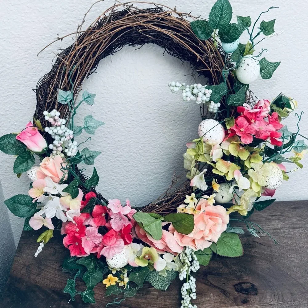 Spring Easter Egg Pink Floral Greenery Wreath